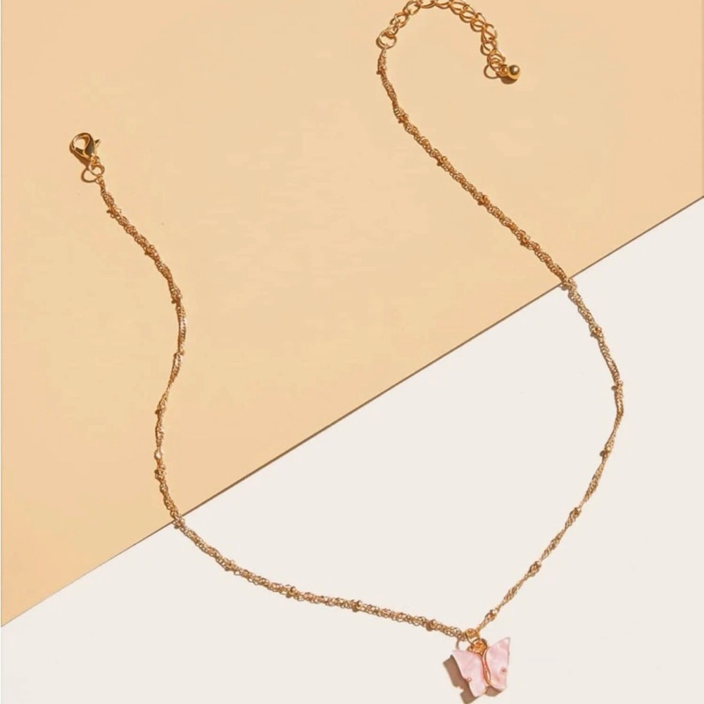 Pink Butterfly Gold Charm Necklace OS New - Picture 4 of 7